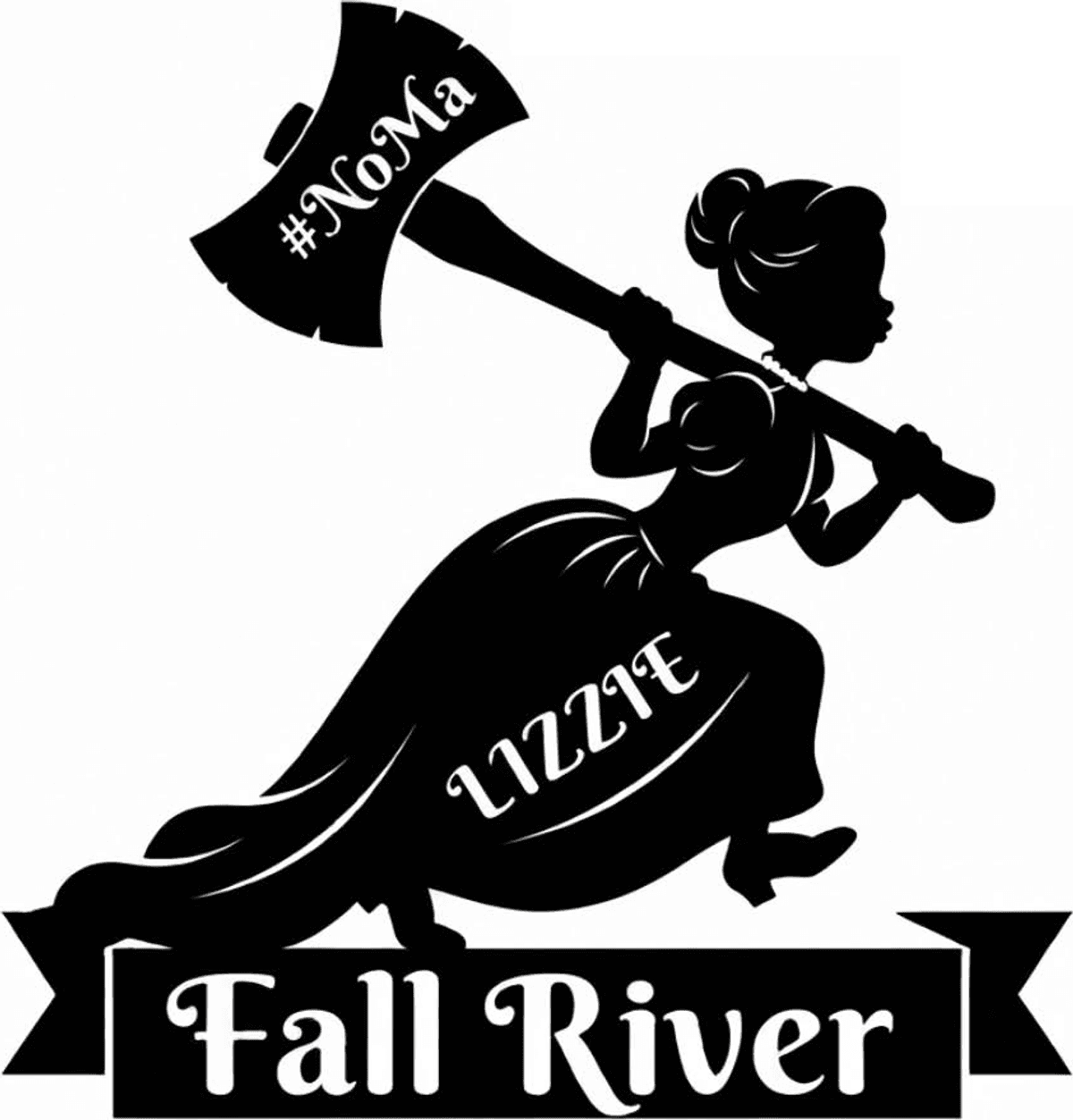 Hidden Lizzie sticker: a silhouette of Lizzie Borden running with a #NoMa axe over her shoulder